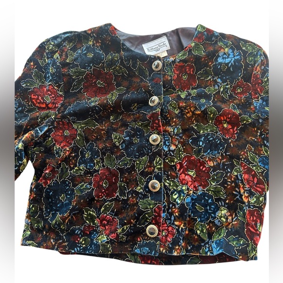 Vintage 90s Floral Velvet Button-Up Jacket Cropped Gold Metallic - Picture 1 of 6